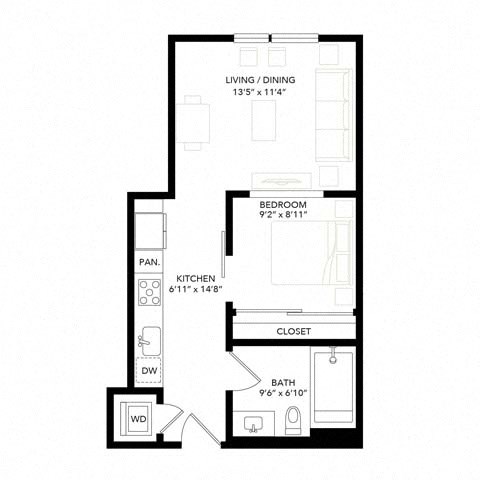 Floor plan for 1 bed, 1 bath, 526 sqft